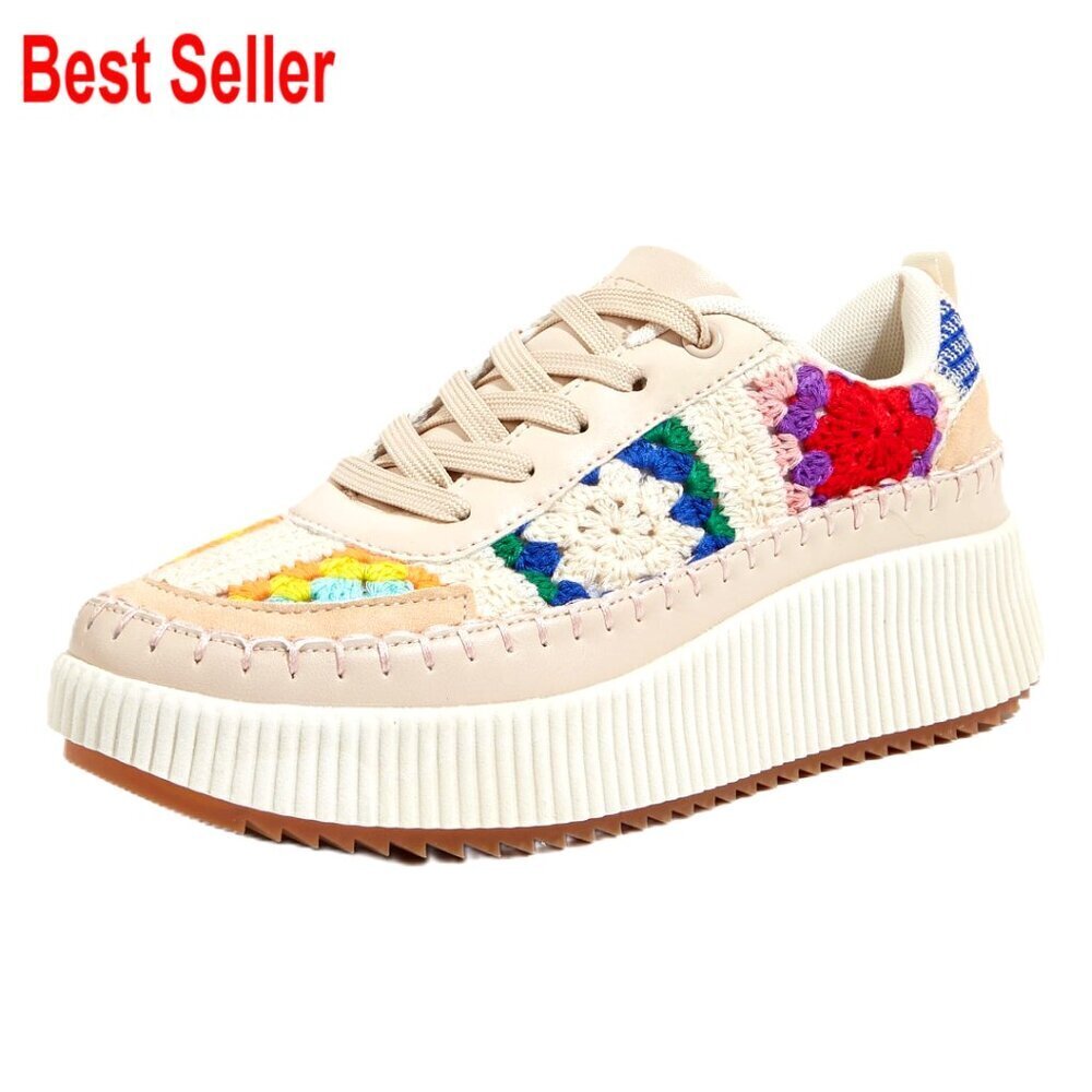 Women's Platform Sneakers Rhinestone Chunky Retro Braided Walking Shoes